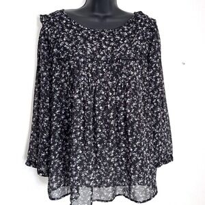 Womens Black Floral Sheer Top XL Dark Fairy Whimsigoth Cottagecore Peasant Boxy